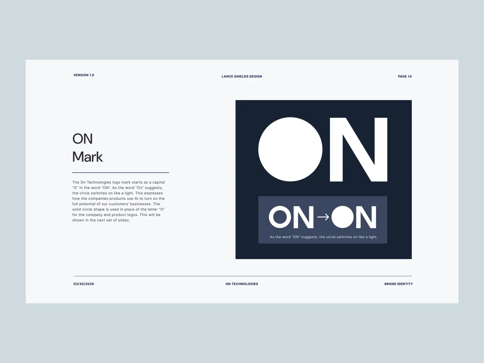 Brand guideline slide explaining the ON logo mark: a solid circle standing in for the letter O, shown switching from outline to filled to represent products turning on.