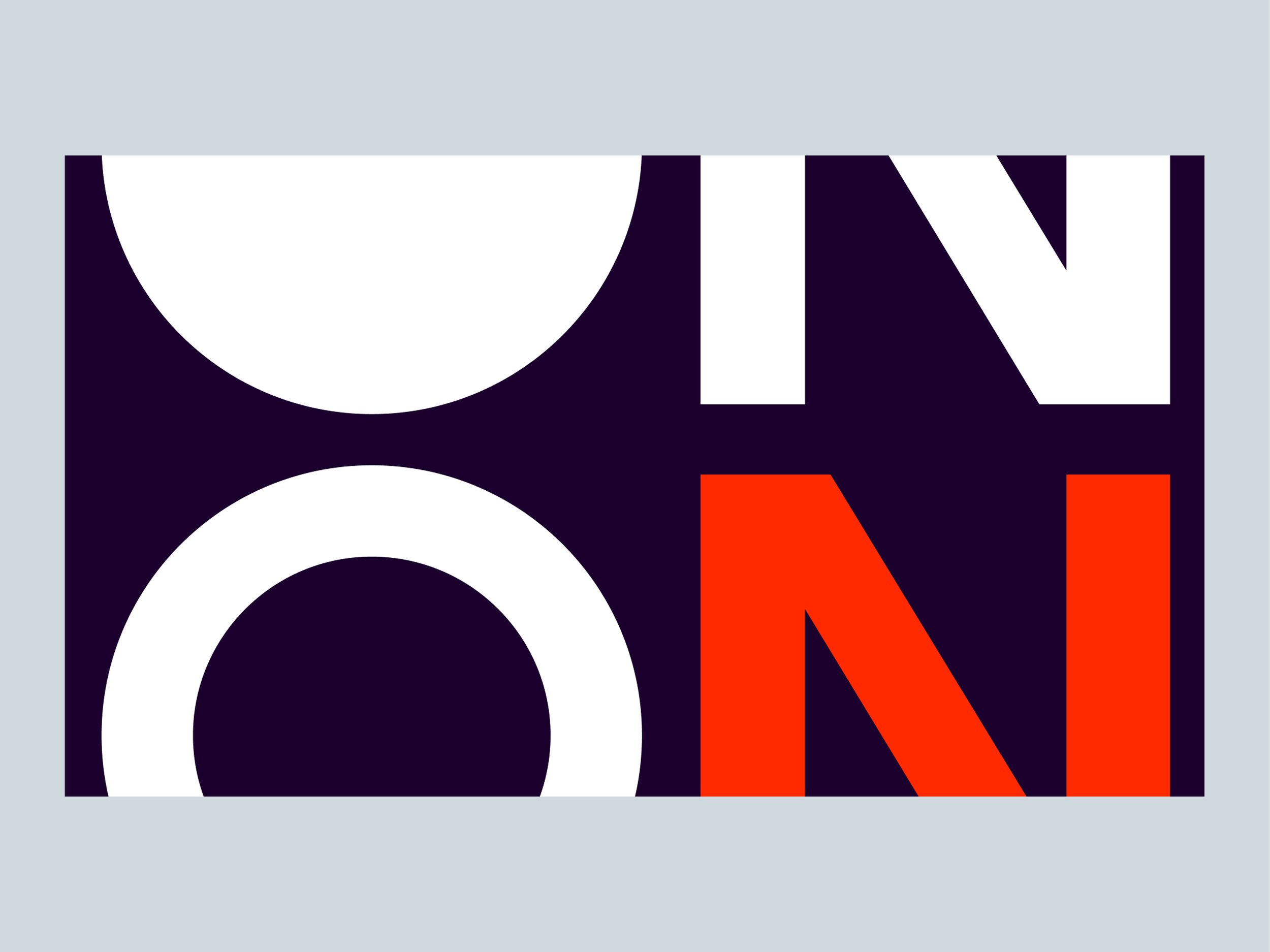 Large-scale ON brand mark pattern in white, purple, and orange-red on a deep purple background.