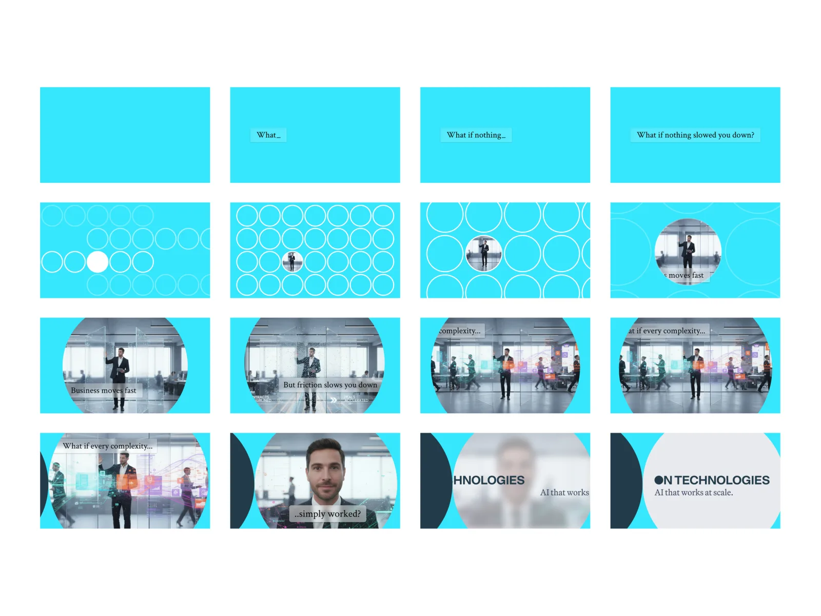 Storyboard grid for a brand video, opening on the line 'What if nothing slowed you down?' and ending on the On Technologies logo lockup.