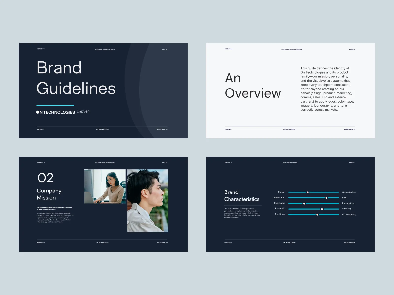 Four pages from the On Technologies brand guidelines: the cover, an overview page, the company mission, and a brand-characteristics spectrum chart.