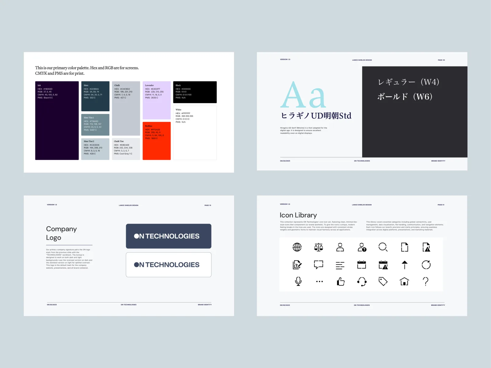 Four pages from the On Technologies brand guidelines: the primary color palette, Japanese typography specimens, the company logo lockup, and the icon library.