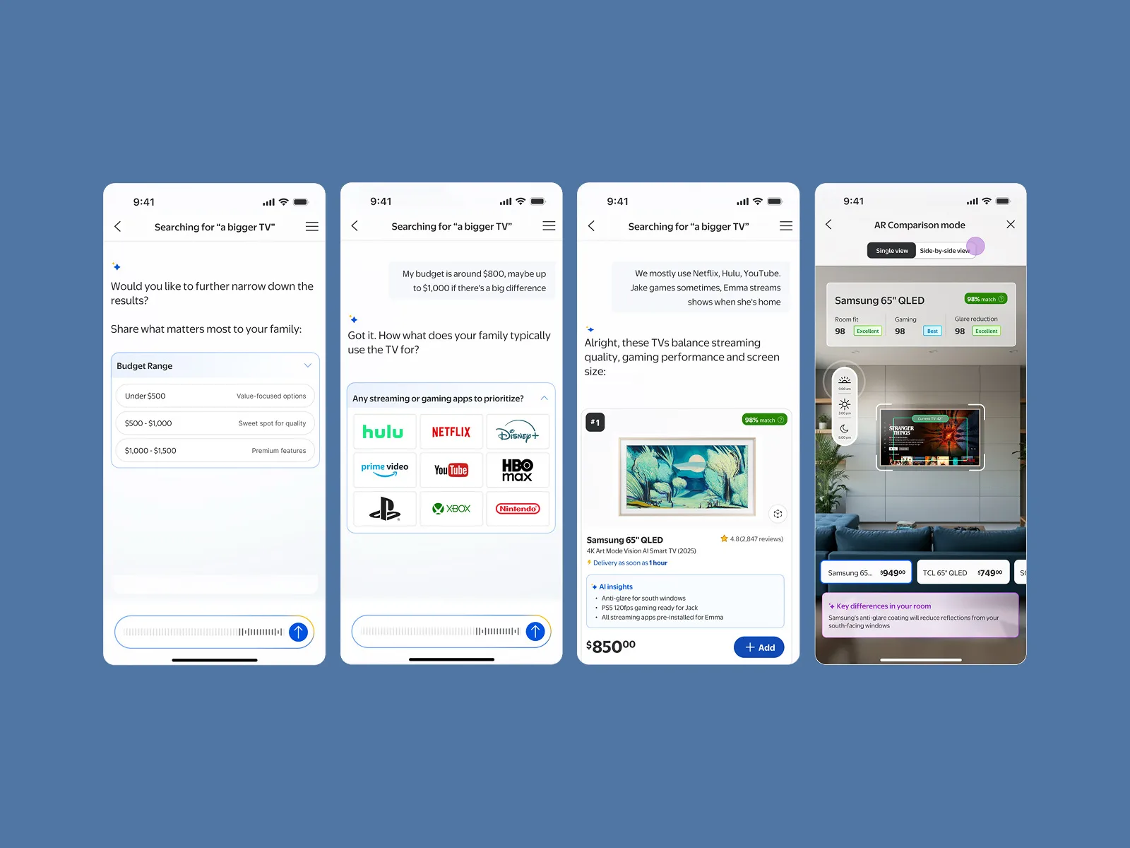Four mobile screens of the AI shopping wizard asking about budget and family TV usage, then recommending a Samsung TV and showing AR comparison mode.