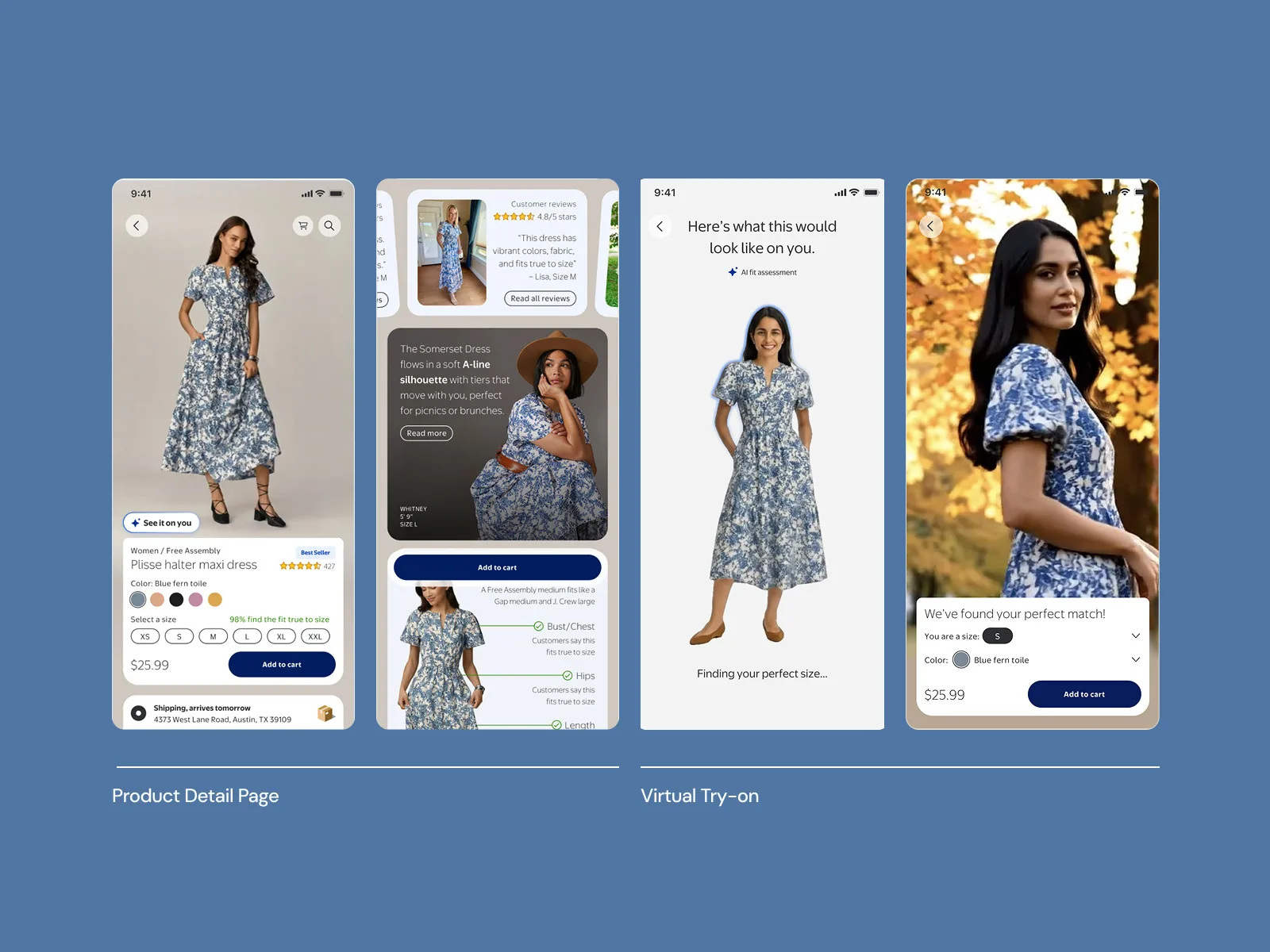 Four mobile screens showing a dress product detail page, customer reviews, an AI fit assessment, and a virtual try-on result with a perfect size and color match.